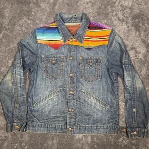 True Religion Johnny Baja Denim Jacket Western Trucker Embroidered Blue XXL